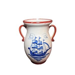 Vintage Delft Blue Vase Nautical Ship Ceramic Hand painted Italy MCM Art Pitcher